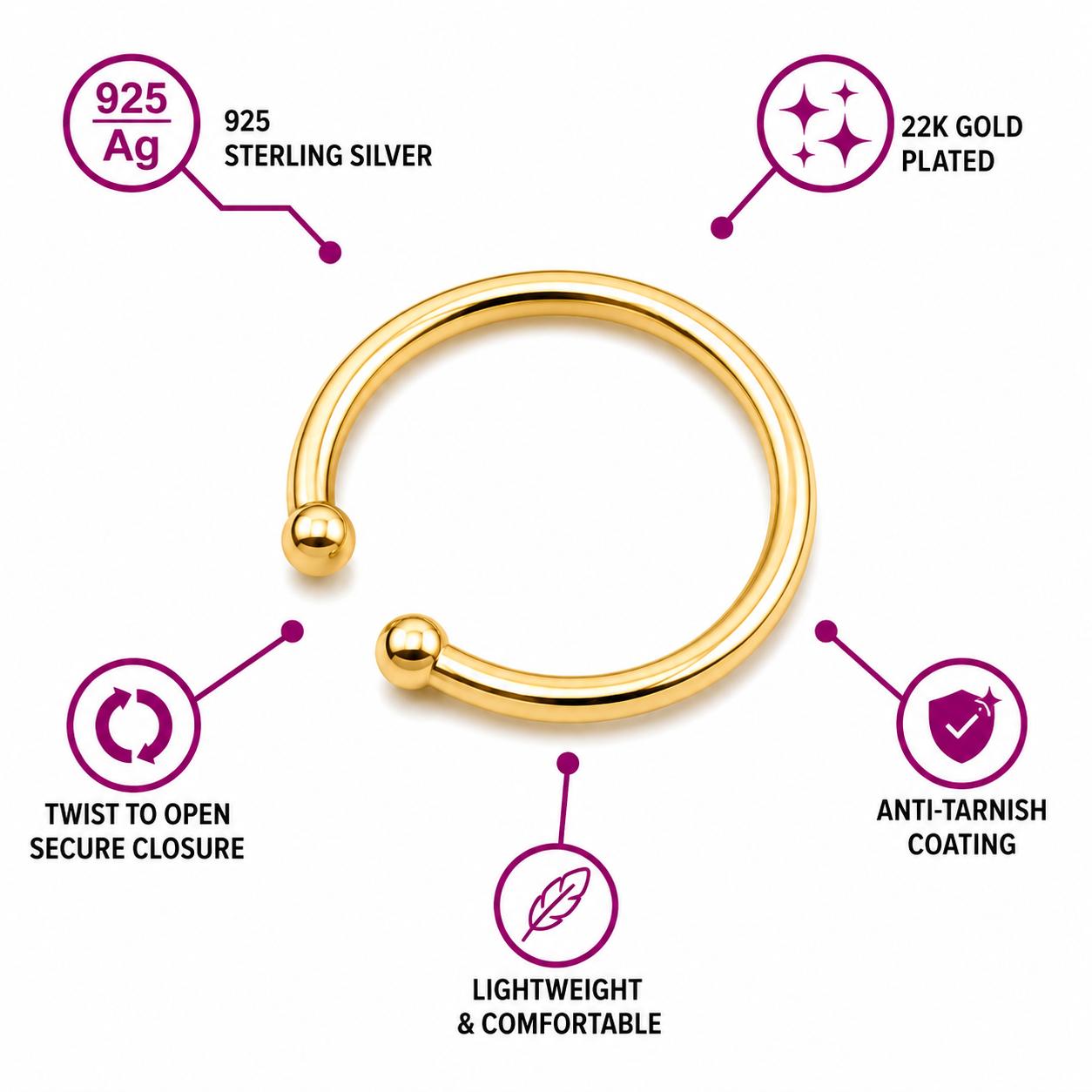 925 Sterling Silver Gold Plated Open Nose Ring - Image 3